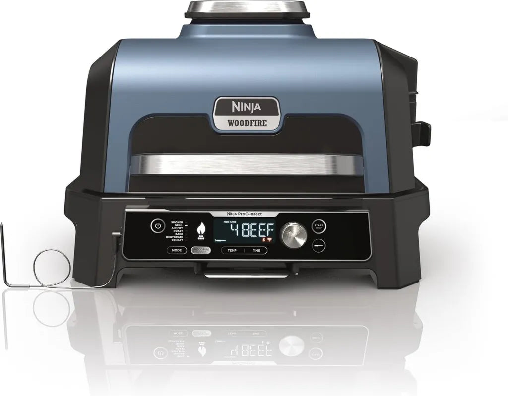 Ninja Woodfire Pro Connect XL Elektrischer Grill und Räucherofen mit App-Steuerung, digitaler Thermometer, 7-in-1 Outdoor Grill und Heißluftfritteuse mit Woodfire Pellets