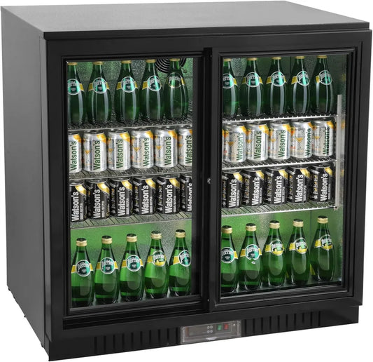 METRO Professional Gewerbe-Kühlschrank 198L, Aluminium/Glas, Schwarz, Doppeltür, Luftkühlung, mit Schloss