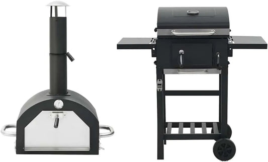 Multifunktionaler Outdoor-Pizzaofen mit Holzkohlegrill und Thermometer, Schwarz