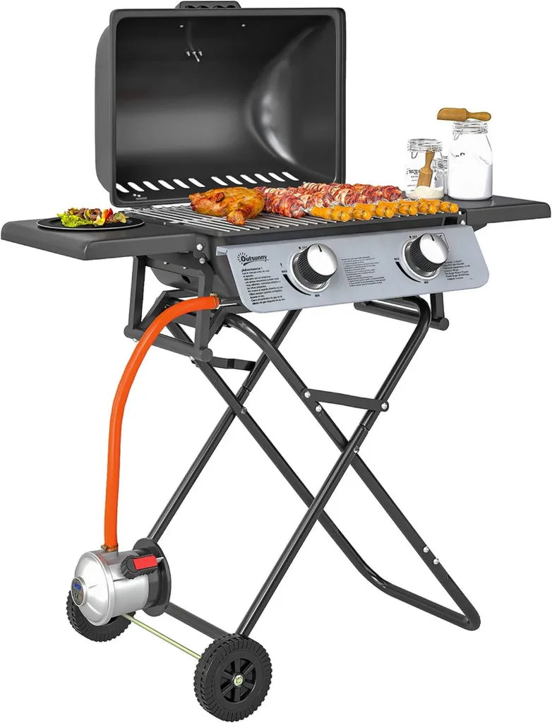 Outsunny Gasgrill mit 2 Brennern und Thermometer, klappbares Design und Seitenablagen