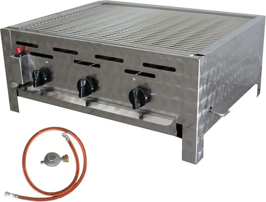 Hochwertiger Edelstahl-Gasgrill, 3-flammig, präzise Steuerung, inkl. Gasschlauch und Druckregler, ideal für Gastronomie