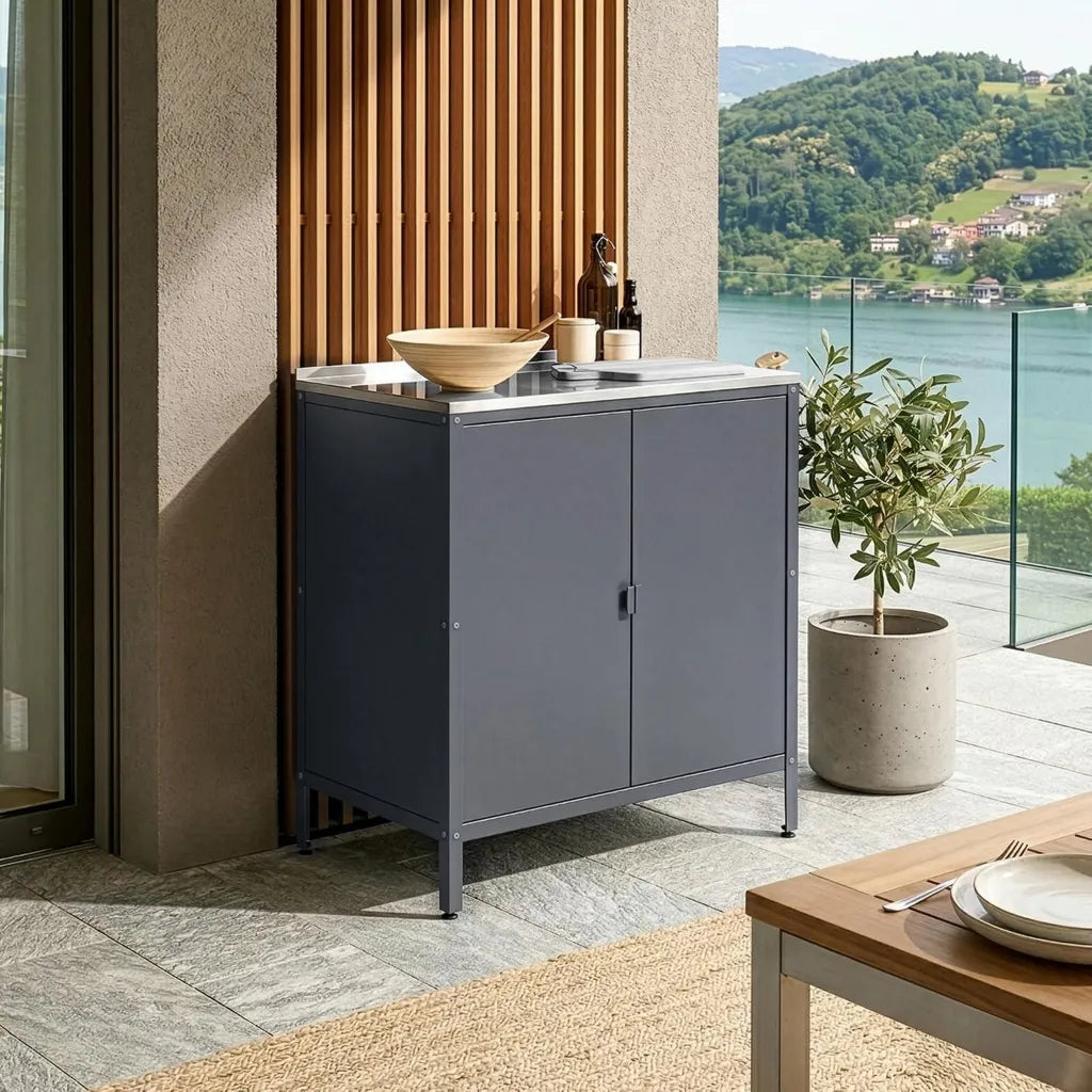 casa.pro Wetterfester Gartenschrank Bolognano, Zweitürig, für Balkon & Garten, 92x80x50 cm, Dunkelgrau