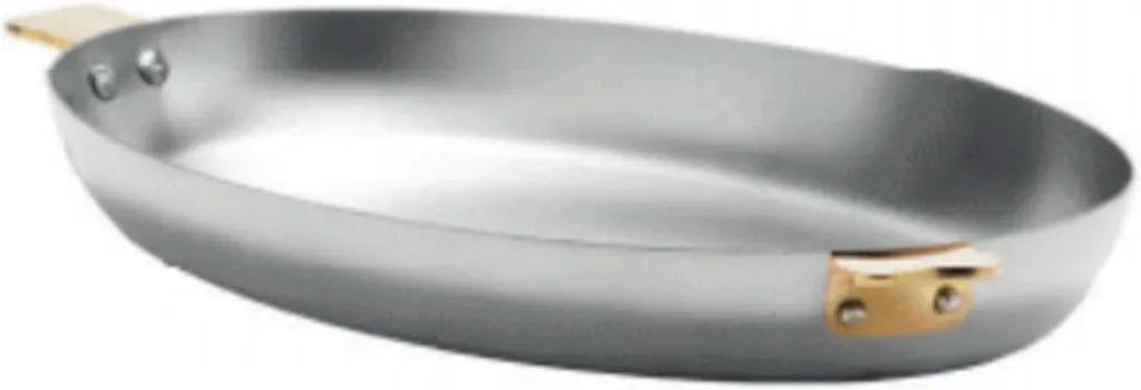 Mauviel Art Déco ovale Bratpfanne, Edelstahl poliert, Messinggriffe, 34 cm, Made in France