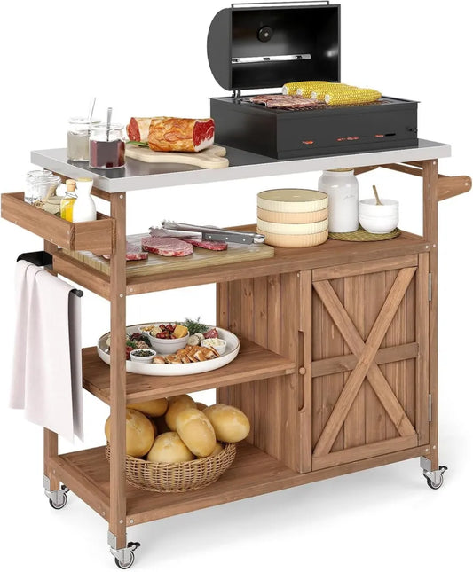 COSTWAY Outdoor Grillwagen mit Rollen, Kücheninsel aus Edelstahl, Servierwagen mit Ablagen und Gewürzregal, Integrierter Schrank und Handtuchhalter, BBQ Grilltisch, 118 x 47 x 92 cm