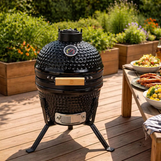 Keramik Mini Kamado Grill 33 cm mit Räucherfunktion, tragbarer Holzkohlegrill inkl. Ständer