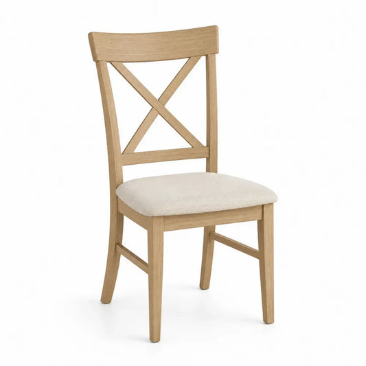 Esszimmerstuhl mit X Rückenlehne und rechteckiger Sitzfläche 48 x 55 x 94 cm Kautschukholz Polyesterbezug Naturholzfarben Beige