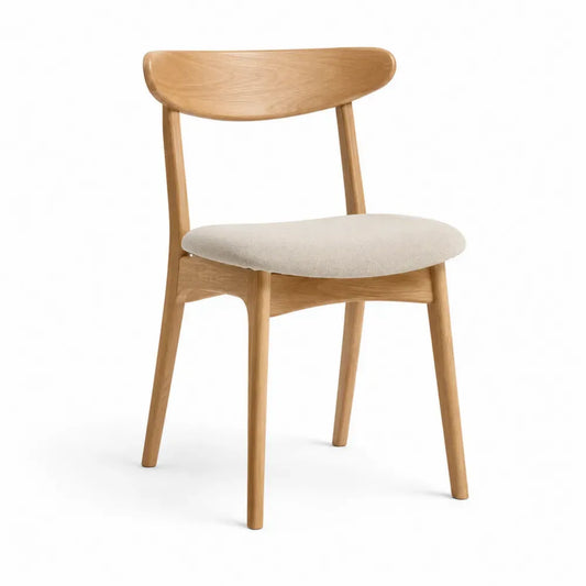 Esszimmerstuhl gepolstert mit gebogener Rückenlehne 50 x 52 x 78 cm Kautschukholz Polyestergewebe Naturholzfarben Beige