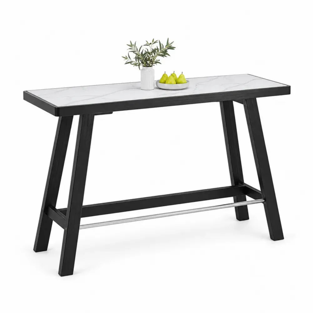 Stehtisch rechteckig mit Marmoroptik Tischplatte 150 x 45 x 105 cm MDF Kautschukholz Stahl weiß schwarz silberfarben