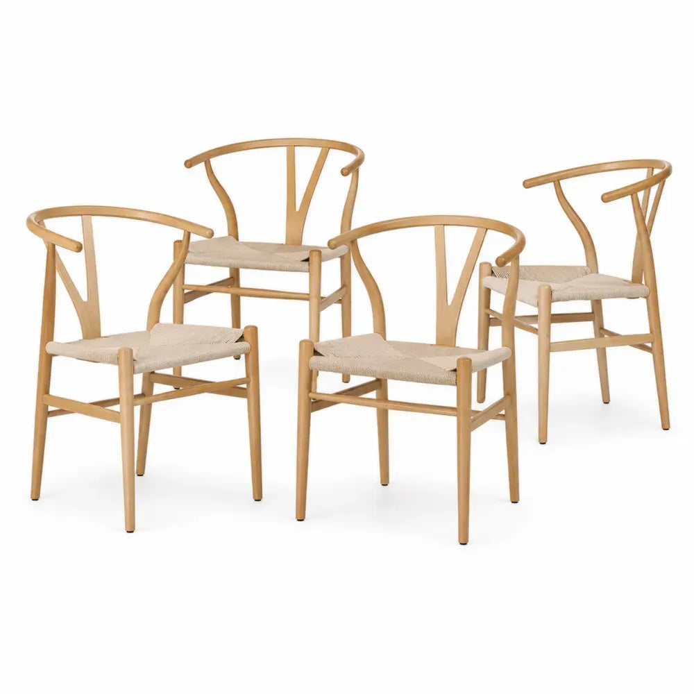 Esszimmerstühle 4er Set mit Armlehnen Y Rückenlehne 55 x 53 x 76 cm je Stuhl Kautschukholz Papierseil Naturholzfarben Beige