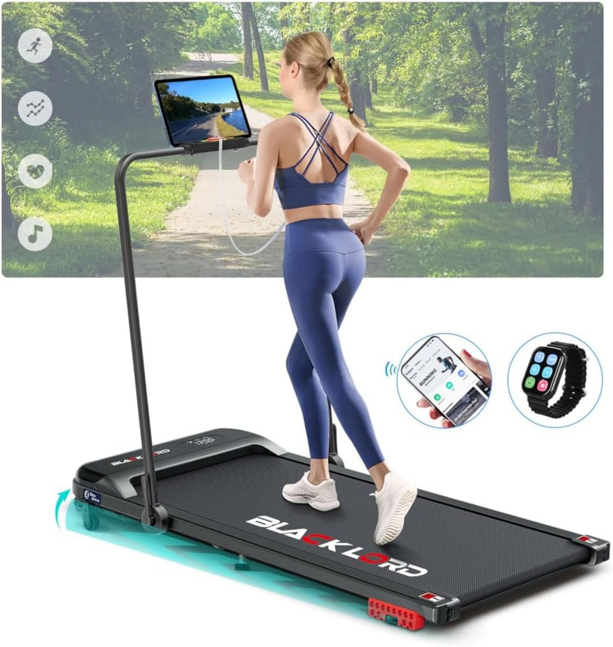 Walking Pad - leiser Betrieb, kompakte Bauweise, mit Rollen, 12 km/h, 2 PS, schwarz, BLACK LORD